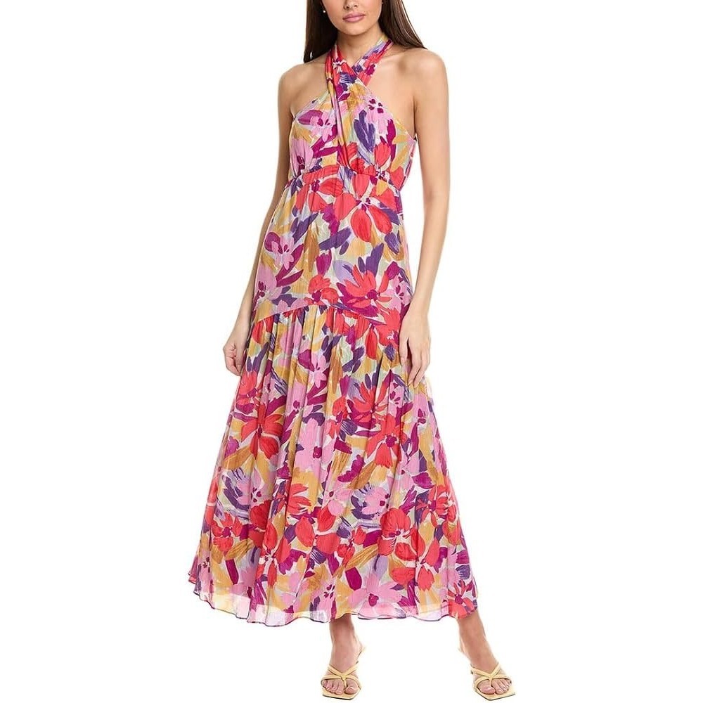 Taylor Floral Halter Maxi Dress Pink Purple Red Yellow Tiered Ruffle Size 8